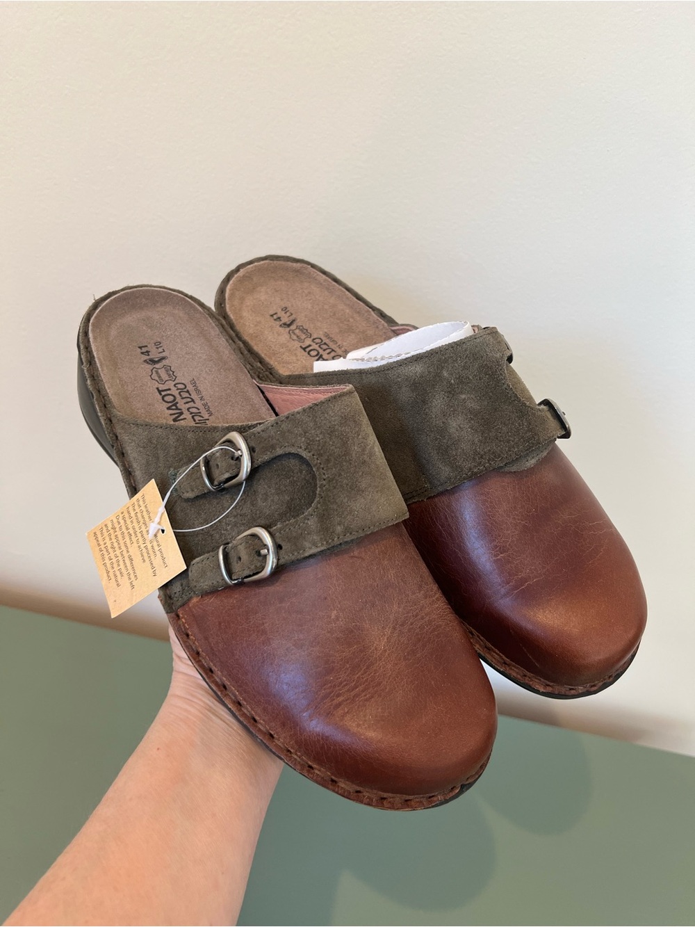 NAOT Leilani Clogs Slip on Shoes Womens 41 Brown Green Suede Leather Mules Shoes
